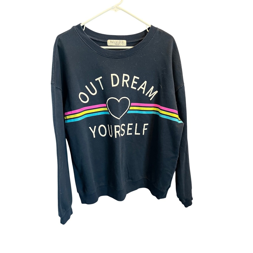 Wound Up Black Sweatshirt with Rainbow Stripe & Heart Graphic